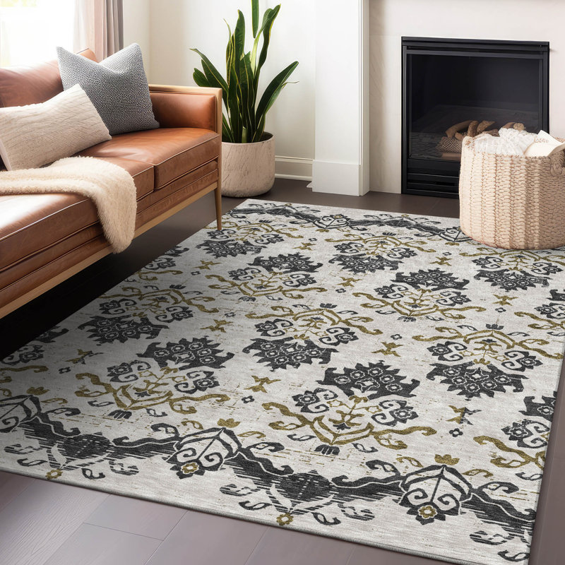 Premium Machine Washable Prisco Black Rug, Rectangle 5' x 7'6"