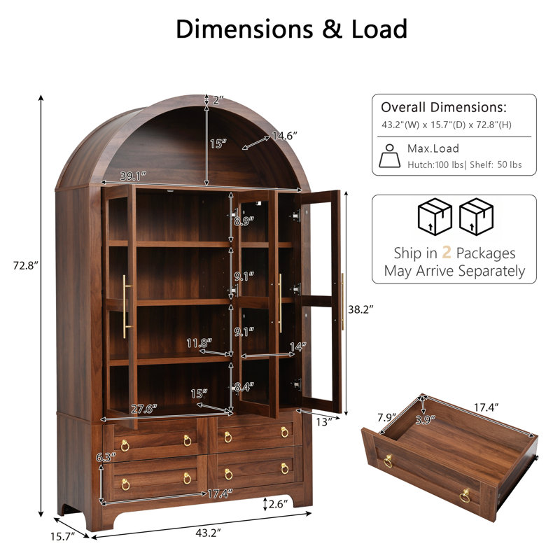 Grand garde-manger avec portes, 4 tiroirs, poignées dorées et tablettes réglables, Noyer