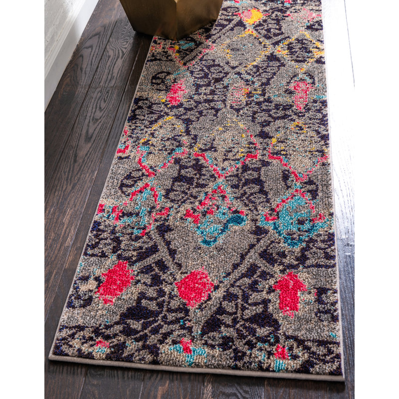 Tapis mauve / rouge Lonniet, Tapis de couloir 2 pi 7 po x 10 pi