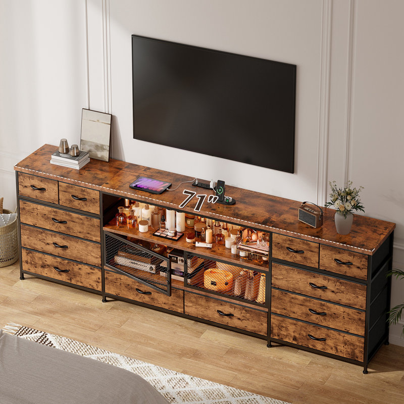 71"w Modern Tv Stand With 14 Drawers, Led Lighting & Built-in Power Outlets For 65/75/80 Inch Tvs, Fabric Storage Dresser With Mesh Door Compartments