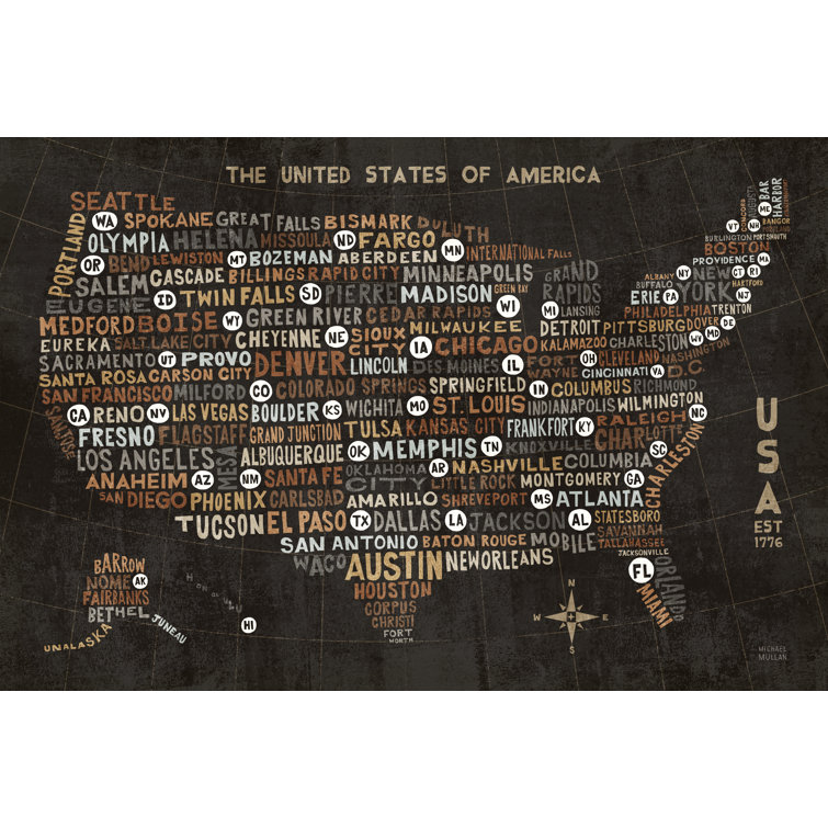 US City Map Black by Michael Mullan - Wrapped Canvas Graphic Art Print