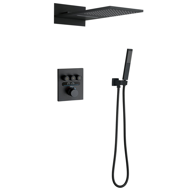 LCD Digital Shower System with 21” Rainfall Shower and Head Handheld Spray, Temperature Display, Matte Black