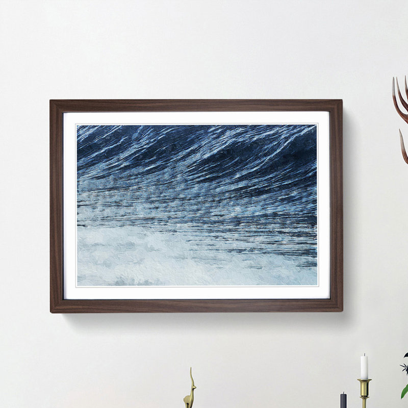 Rising of the Wave in Blue - Picture Frame Painting Print on MDF, Walnut Framed, 48cm H x 65cm W x 2cm D