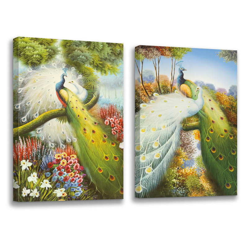 Paon vert avec fleurs de paon blanches, ensemble de 2 pièces sur toile, H 18 po x l 24 po