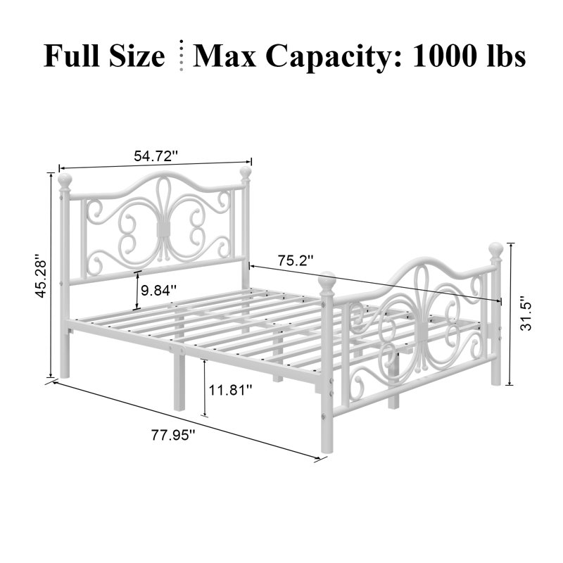 Eylin Metal Platform Bed with Butterfly Design Headboard and Footboard, Underbed Storage, Full, White