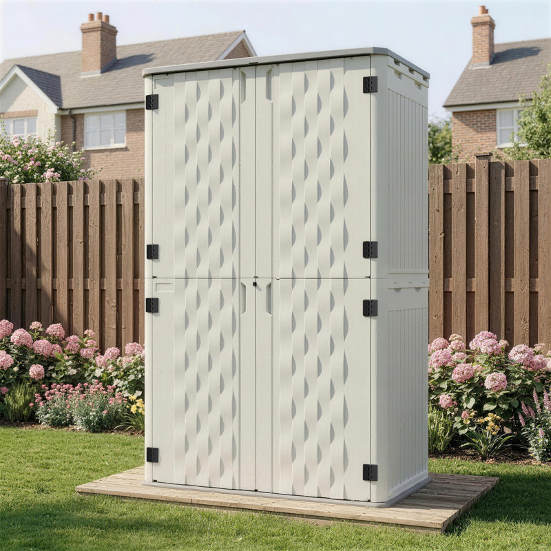 64 Cu.Ft. Outdoor Resin Vertical Storage Shed Fast Assembly,  4.2 ft. W x 2.4 ft. D Waterproof Plastic Shed Cabinet with Lockable Door, Durable HDPE Trash Can Tool Shed For Garden, Patio, Yard