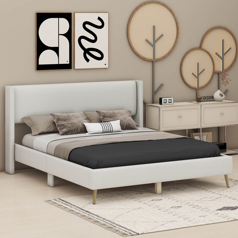 Grand lit plateforme en velours côtelé avec pieds en métal, Beige
