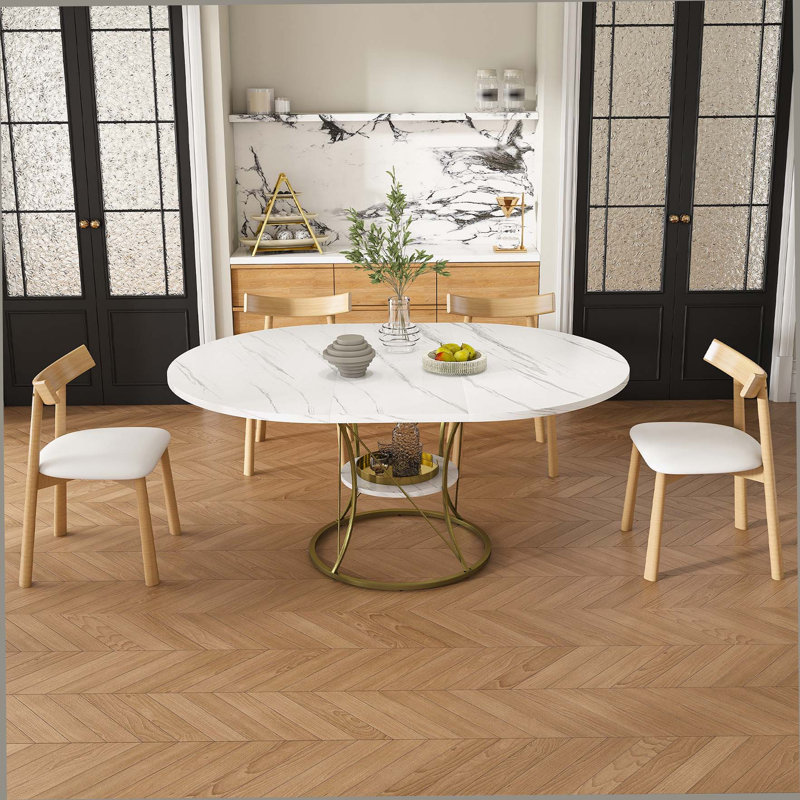 Ensemble de table de salle à manger extensible de 43 pouces pour 4 à 6 personnes avec 4 chaises en bois massif, table à rallonge manuelle sans rail avec placage en marbre et base en métal doré, table de ferme extensible de 43 à 59 pouces