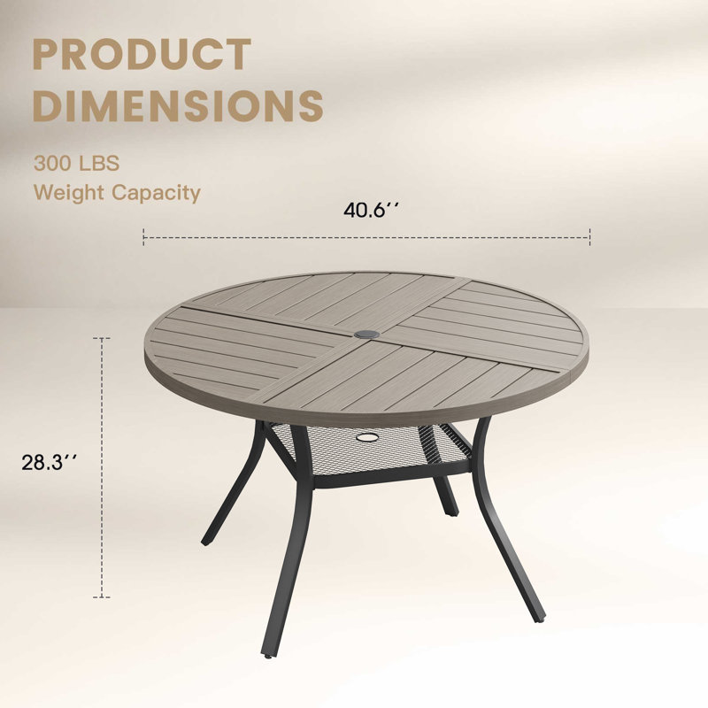 Outdoor Round Patio Dining Table, Gray Woodlike/Black, 28.3" H x 40.6" L x 40.6" W