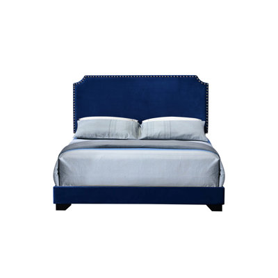 Queen Bed Of Blue Velvet With 4 Slats, Nailhead Trim Ornament, Wooden Legs For Support, Box Spring Mandatory, Poplar Wood And Composition, 6" Floor Distance, 660Lbs Weight Capability, 84" Depth
