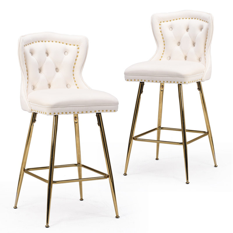 Tabourets de bar en velours à hauteur de comptoir avec pieds en métal, Beige