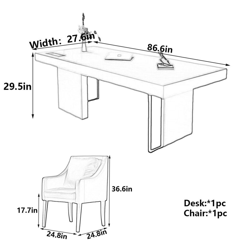 Bureau d'écriture Barnsdall, H 29,5 po x l 86,6 po x P 27,6 po