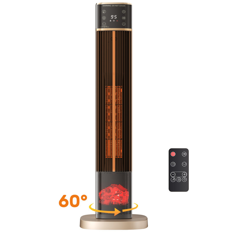 1500 Watt Electric Tower Space Heater with Realistic Flame Effect, 60° Oscillation, Gold