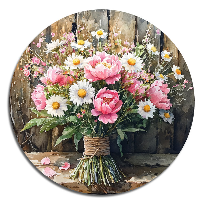 «Rustic Romance Wildflowers Bouquet I», reproduction d'art en métal rose traditionnel, H 16 po x l 16 po