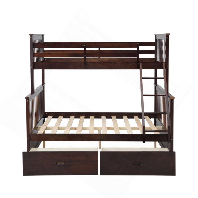 Lit simple superposé au dessus d'un lit double avec tiroirs de rangement, lit superposé en bois avec échelle et garde-corps - Espresso