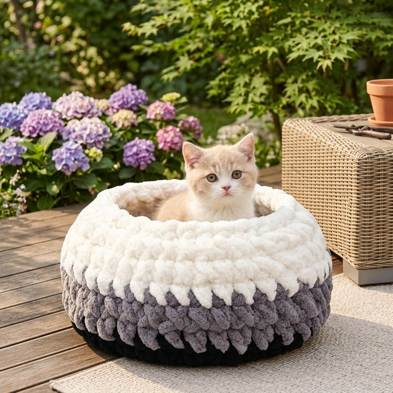 Lit-grotte doux pour chat tissé à la main, lit d'intérieur pour chat avec nid rond lavable, chatons et meubles pour chat, blanc et gris