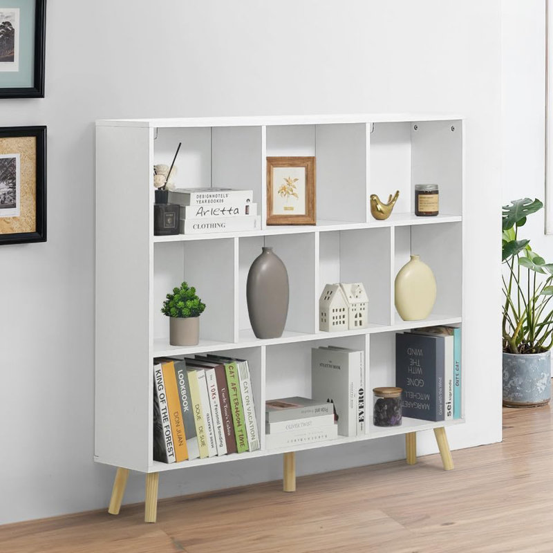 48-Inch Wide 10 Cube 3 Tier Wooden Bookshelf for Living Room, Bedroom, Office, White, White