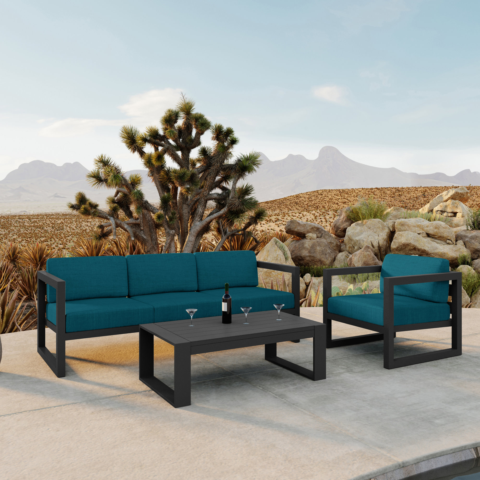 Smith 3 Piece Sofa Seating Group with Sunbrella® Cushions, Spectrum Peacock, Slate Gray
