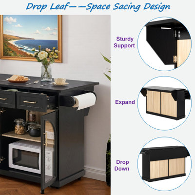 Modern Kitchen Island with Storage Cabinets, Drawers, Spice Rack, Towel Rack, Built-in Charge Station, Arched Glass Doors, Drop Leaf and Wheels