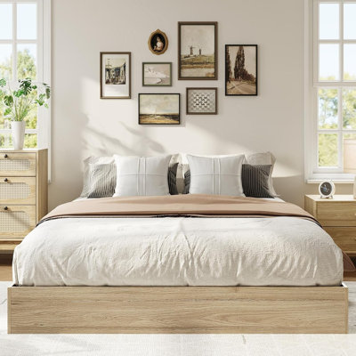 Solid Wood Platform Bed with Sturdy Wooden Slats, Floor-Standing Bed Frame