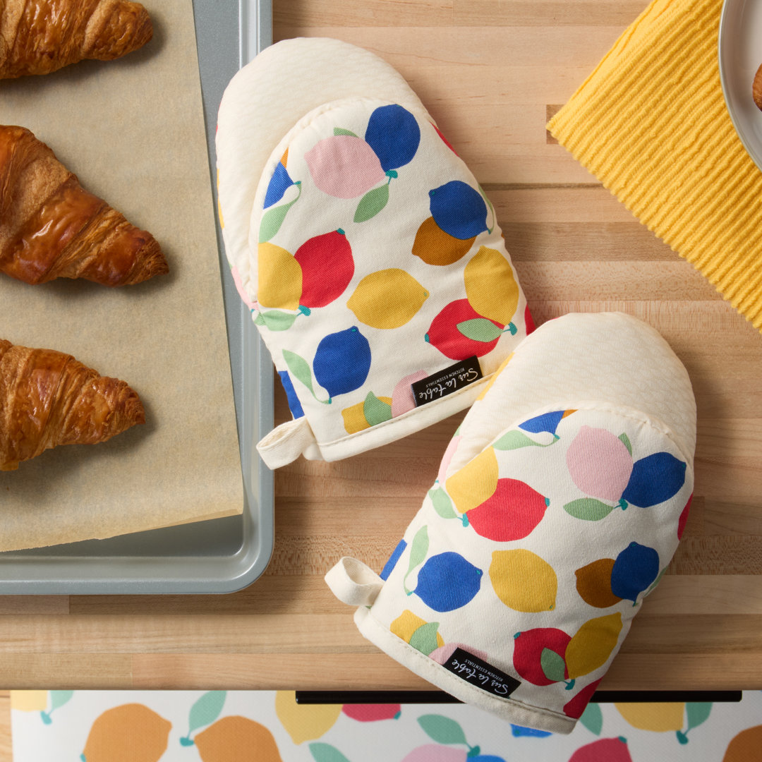 SUR LA TABLE KITCHEN ESSENTIALS Lemon Zest Citrus Fruit Mini Oven Mitt Set Yellow/Blue/Ivory 5.5"x8" (Set of 2) Sur La Table Kitchen Essentials
