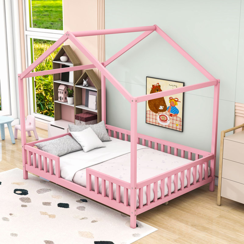Lit plateforme en bois avec rampes Montessori, Complète, Rose