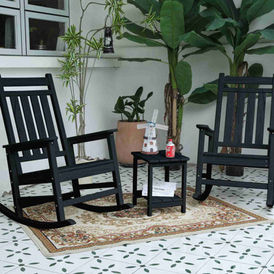All Weather Rocking Chair Set with Side Table, 3-Piece Rocking Chair Set with Wood-Texture , (includes 2 Rocking Chairs and 1 Table)