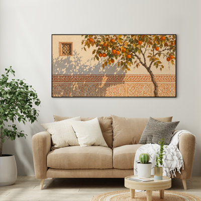Très grand art mural imprimé sur toile - Arbre de persimmon d'automne, décor de paysage de cour pour le salon ou la chambre à coucher "Assemblage requis (cadre non fini)"