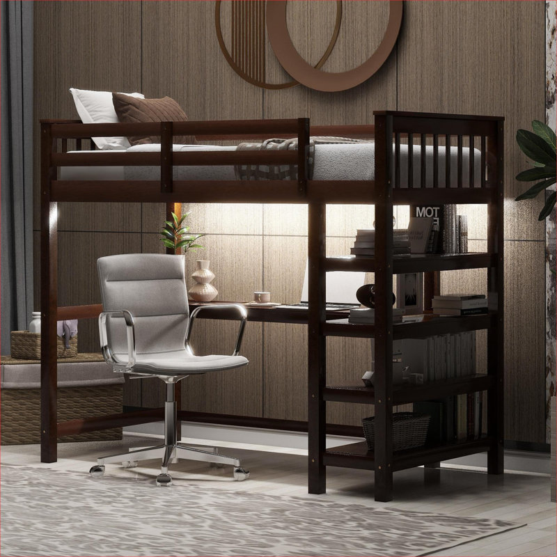 Twin Brown Finish Solid Pine Loft Bed Frame for Small Bedrooms, Modern Style with Built-in LED Lighting and Storage