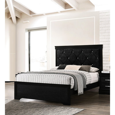 Lit double à panneau double avec tête de lit tapissier à finition noire et capitonnage fascinant pour un tissu moderne et attrayant
