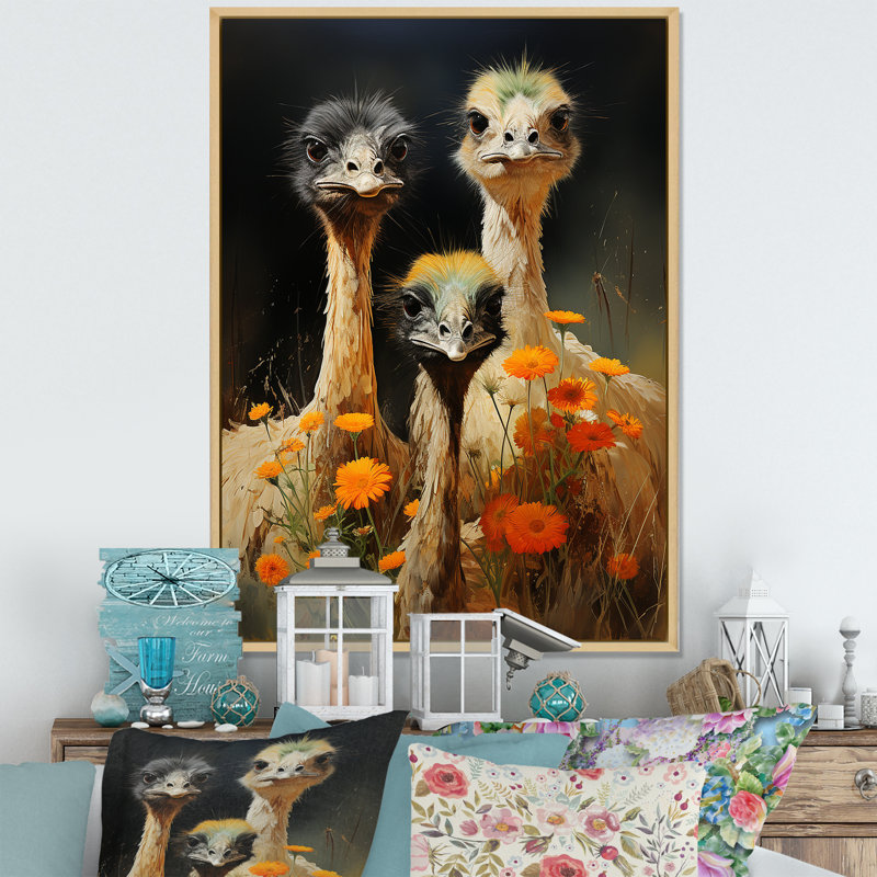 Autruches gracieuses sur autruche sur toile, Cadre naturel flottant, H 32 po x l 24 po