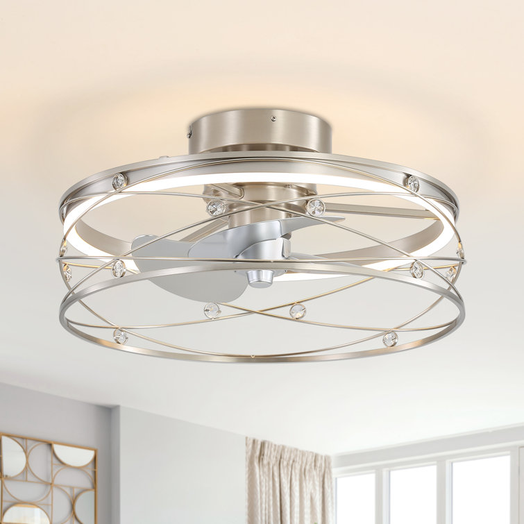 Shiey 20'' Small Enclosed Caged Ceiling Fan with Light and Remote, Low Profile Bladeless Ceiling Fan Light Fixture 6 Speed, 3 Reversible ABS Blades and Quiet Motor, Flush Mount for Indoor/Covered Outdoor