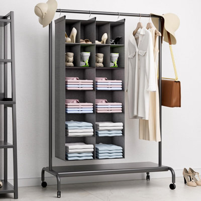 Organisateur de penderie à 6 niveaux, organisateur de chandail à 16 compartiments pour le placard avec 3 crochets robustes, organisateurs de placard et rangement, garde-robe, véhicule récréatif, support à vêtements, gris