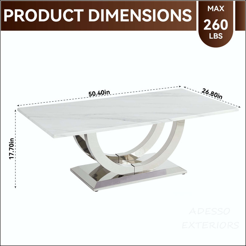 Rectangular Coffee Table with Marble Pattern MDF Top and Silver Stainless Steel Base