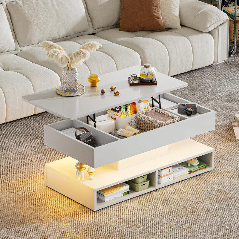 Grande table basse 47,2 "à haute brillance avec table basse à 2 niveaux à DEL pour salon, table de centre rectangulaire avec rangement caché pour bureau personnel, blanc