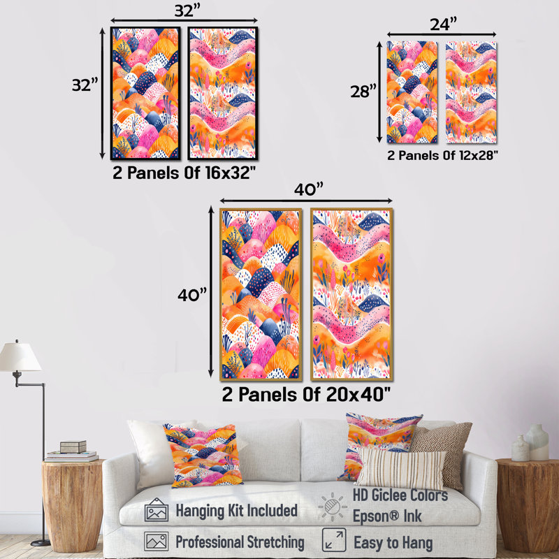 Ensemble de 2 reproductions d'art mural bohème rose et orange, H 28 po x l 24 po, Impression encadrée, Argent argent