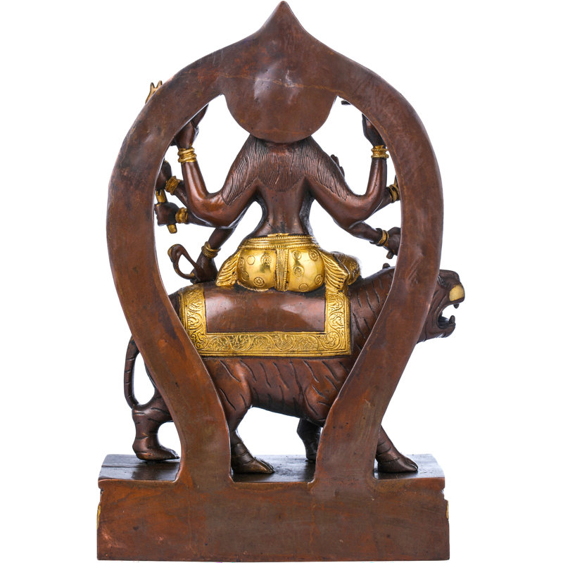 15" Simhavahini Devi Durga Brass Statue – Handmade Indian Eight-Armed Warrior Goddess Sculpture for Home Temple Decor