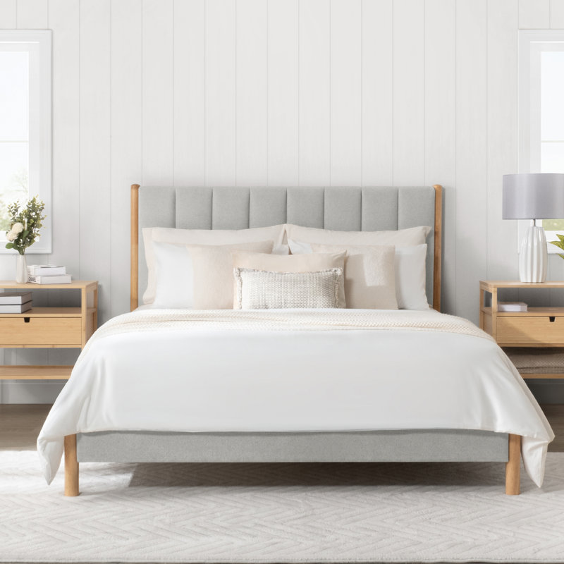 Rezana Solid Wood Boucle Upholstered Headboard Bed Frame, Full , Light Gray