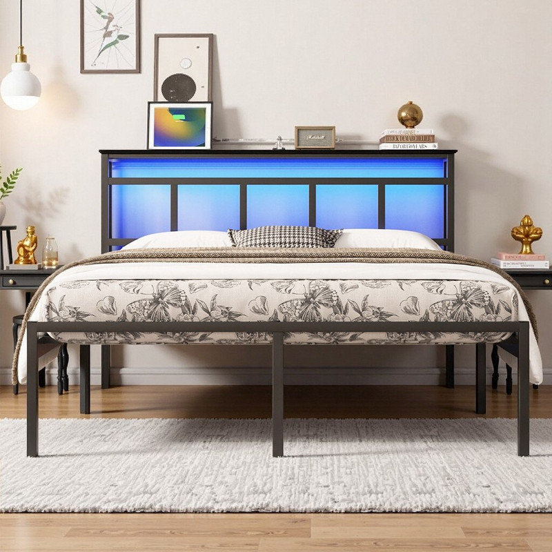 Lit simple / double / grand lit avec tête de lit, base de lit en métal avec ports USB-C et éclairage DEL, Grand lit