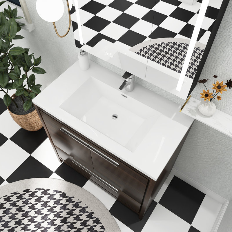 35,2 po X P 19,5 po P x 34,3 po Meuble-lavabo autoportant H avec plateau en résine blanche, Brun