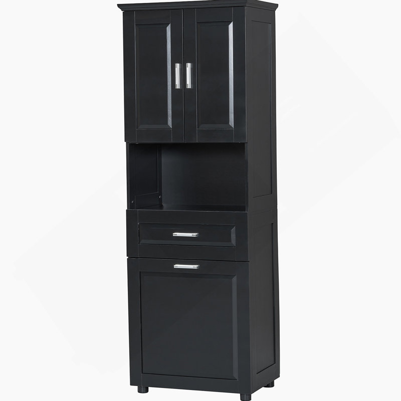 Tall Bathroom Cabinet With Laundry Basket, Large Storage Space, Black