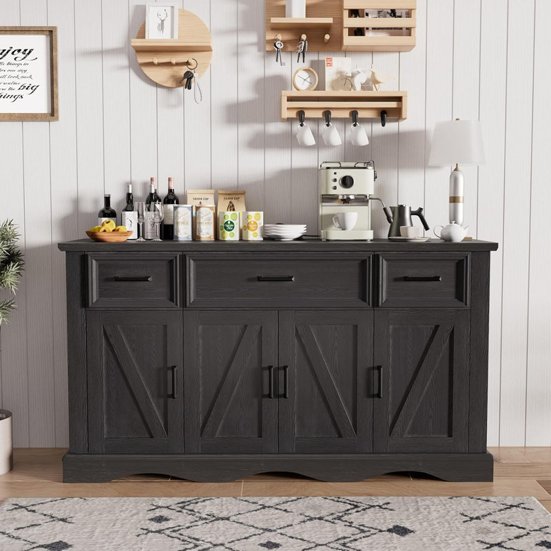 56" Wide 3 Drawer Sideboard Buffet, Farmhouse 4 Doors Credenza Storage Cabinets with Adjustable Shelves, Black