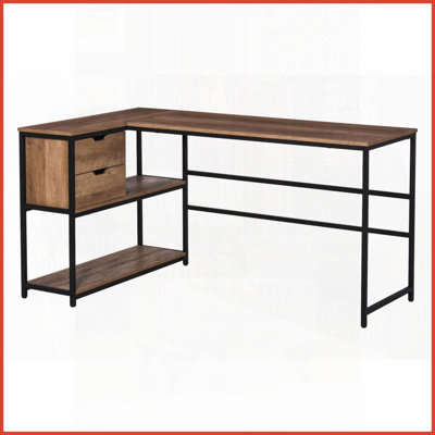 Industrial L-Shaped Coffee Table with Storage Shelves &amp; 2 Drawers, Space-Saving for Small Living Rooms