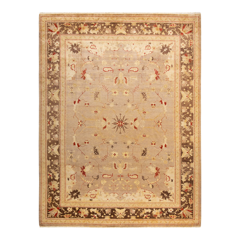 Tapis beige noué à la main de conception unique 9 pi 2 po x 12 pi Soua