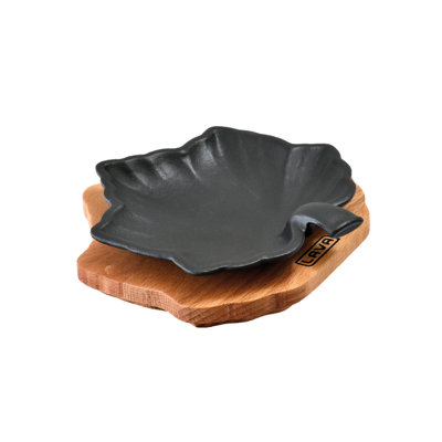 Lava Cast Iron 4.5"x5" Enameled Leaf Shaped Serving Dish with Beechwood Service Platter Matte Black