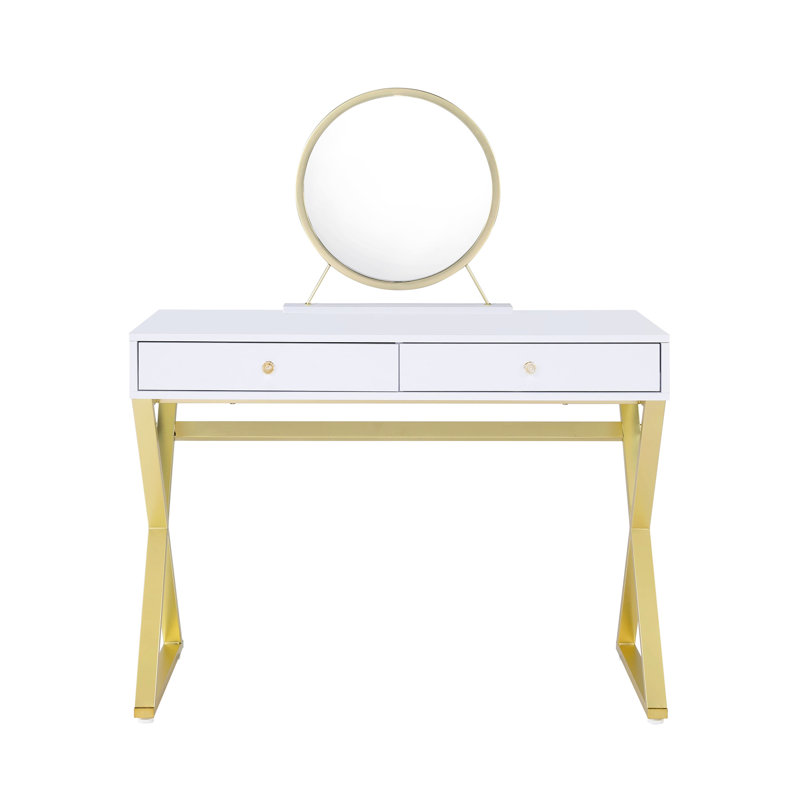 White & Gold Vanity Desk With Rectangular Organization, Crystal Handle, Metal Frame, Included Mirror Jewelry Tray, 2/3 Drawer Extension 2 Drawers
