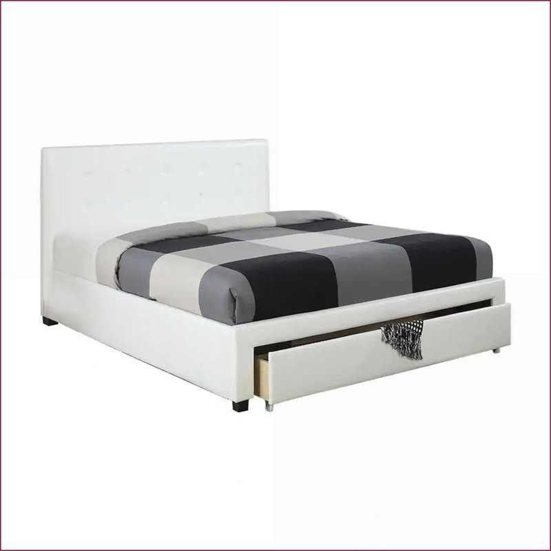 Structure de lit grand format en similicuir capitonné avec rangement pour chambre à coucher en bois de pin blanc et tiroir sous le lit