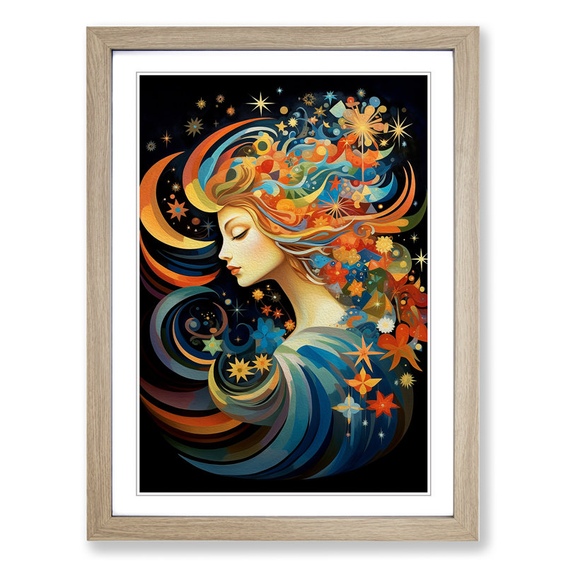 XYZ-FRM-V1223-6385 Virgo Zodiac Orphism No.2 - Single Picture Frame Print on Wood, 46cm H x 34cm W x 2cm D, Oak 