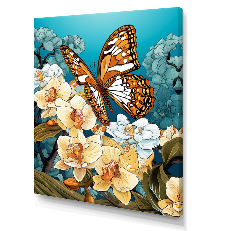 Gracieux papillon brun sur des orchidées rétro, H 32 po x l 24 po x P 1 po, Toile tendue