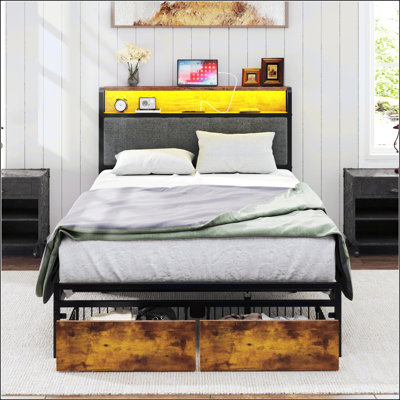 Queen Size Bed Frame Upholstered Platform Bed Frame With Storage Drawers
